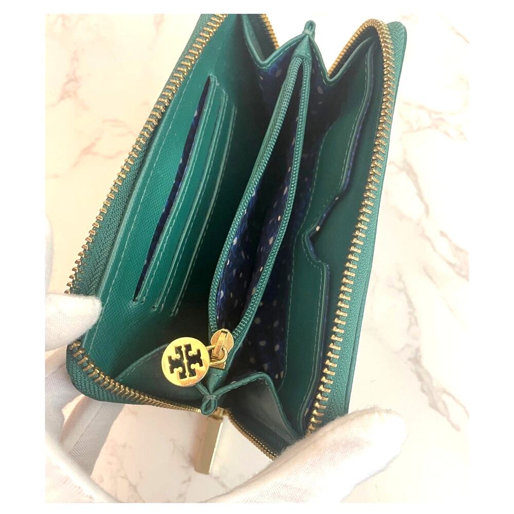 Tory Burch Zip-Around Wallet Emerald Green Saffiano Leather - Picture 6 of 6